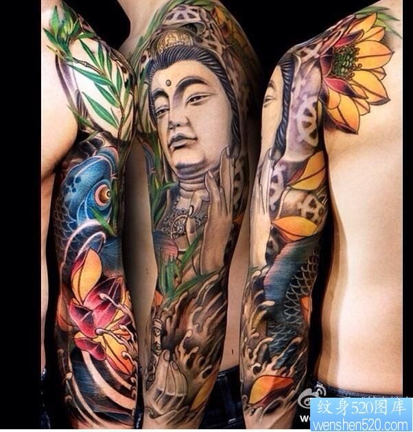 一款传统彩色观音鲤鱼花臂纹身图案