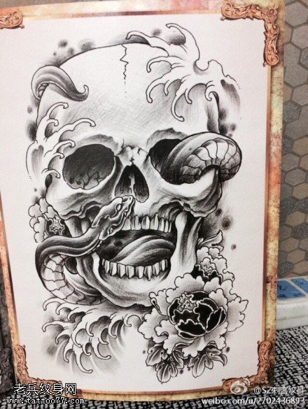 骷髅蛇牡丹纹身手稿图片