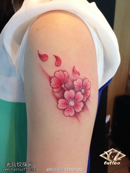 手臂彩色樱花纹身图片