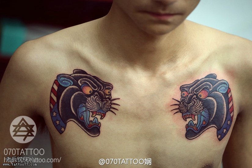 双肩对立狰狞日本和风豹子纹身图案