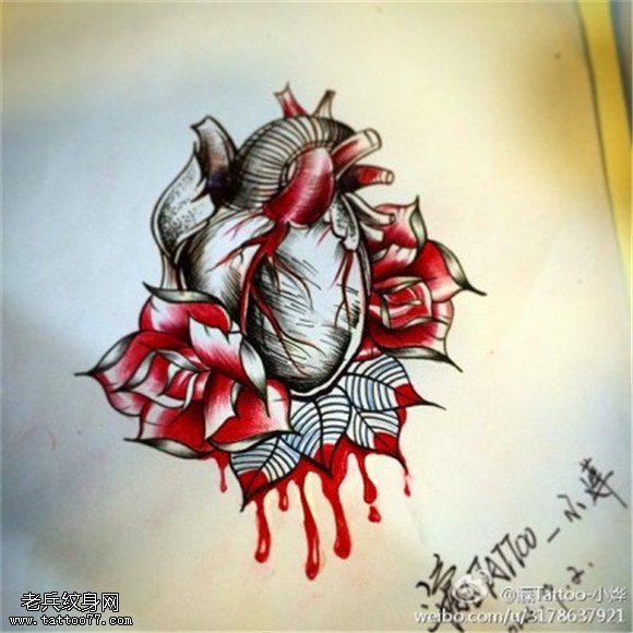 彩色心脏玫瑰花纹身手稿图片