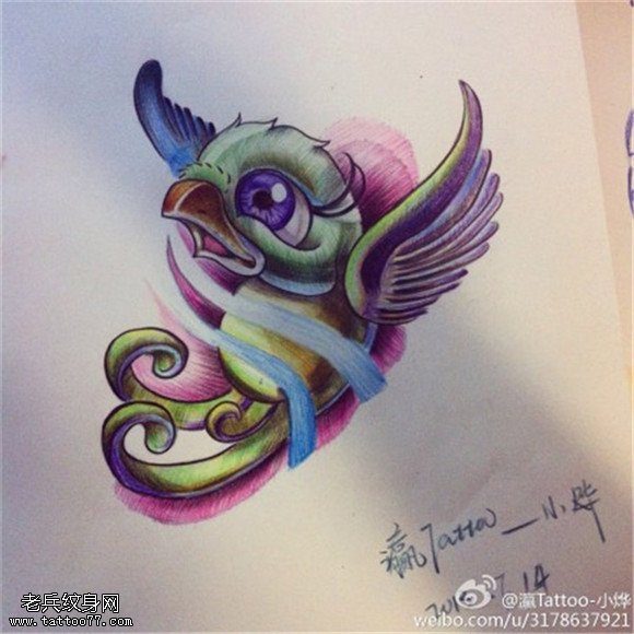 彩色卡通燕子纹身手稿图片