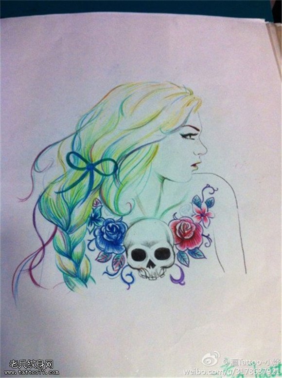 素描女郎骷髅纹身手稿图片