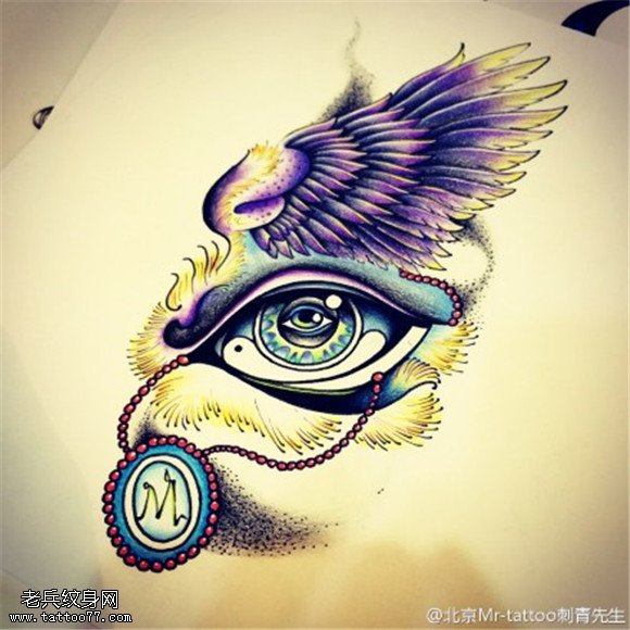 彩色个性眼睛翅膀纹身手稿图片