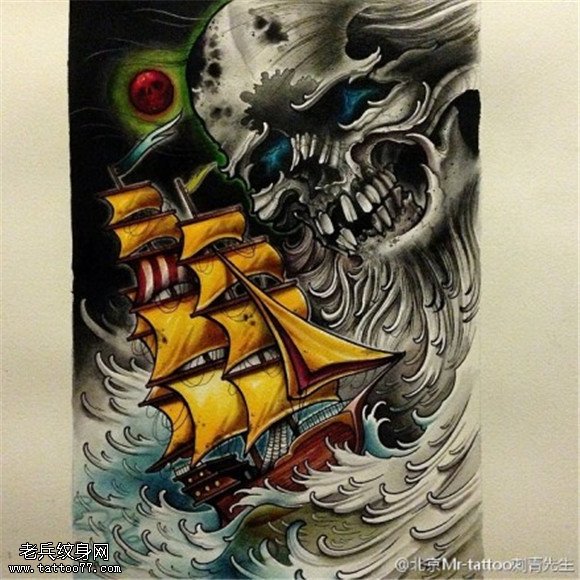 彩色骷髅帆船纹身手稿图片
