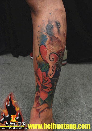 推荐腿部音符小狗玫瑰纹身图案