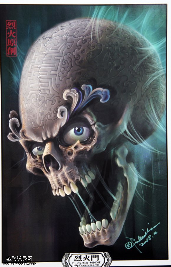 一张恐怖的骷髅纹身图案