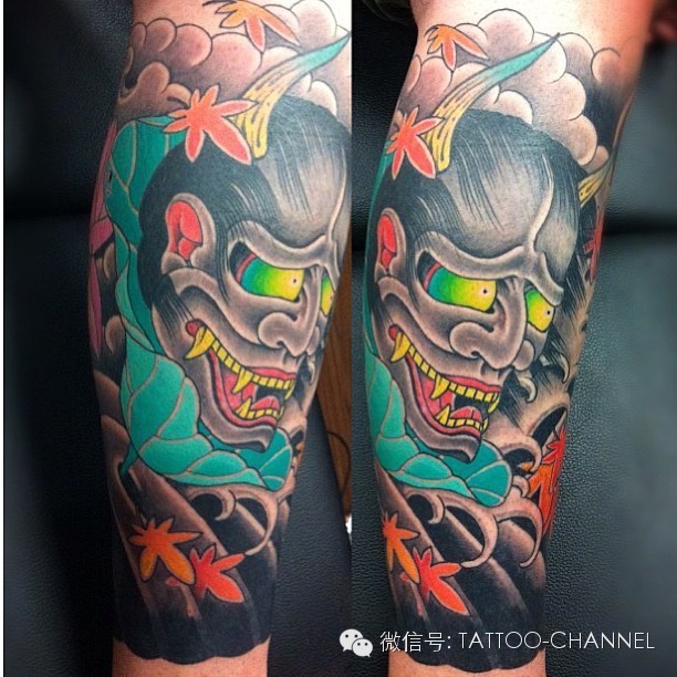 腿部帅气的般若小花腿纹身