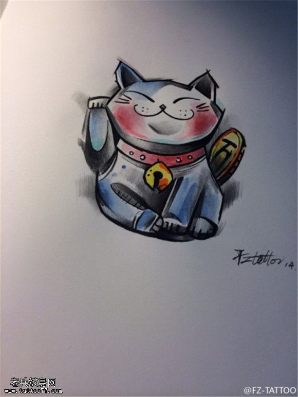 彩色卡通招财猫纹身手稿图片