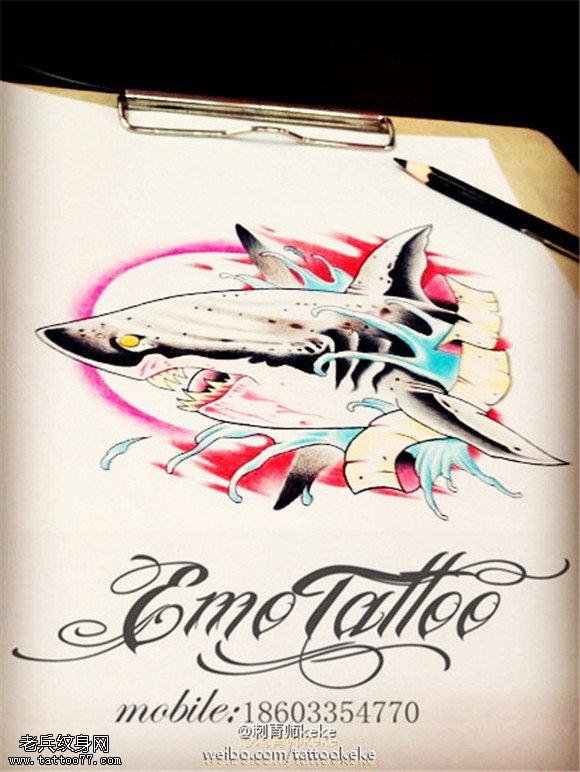 彩色鲨鱼字母纹身手稿图片