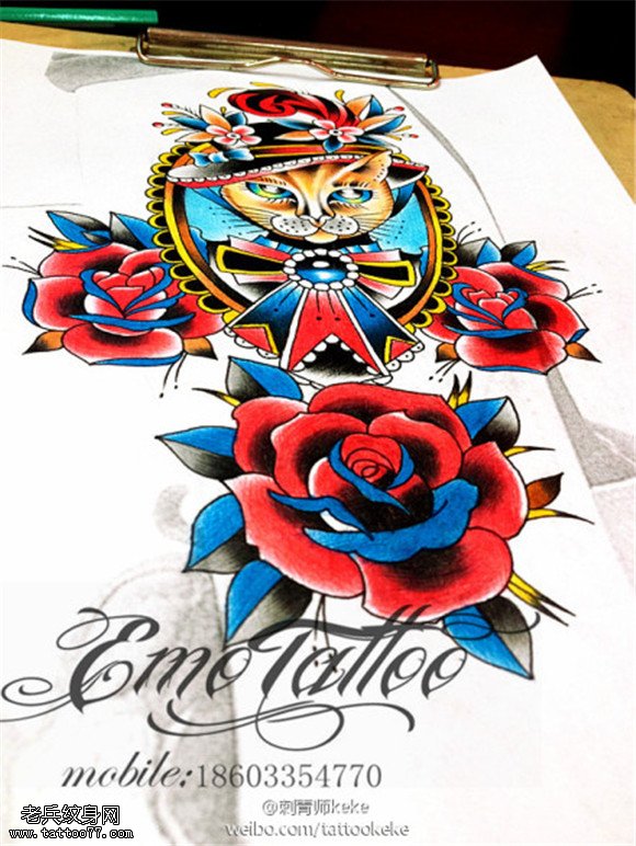 彩色猫咪玫瑰花纹身手稿图片