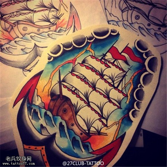 彩色school帆船纹身手稿图片