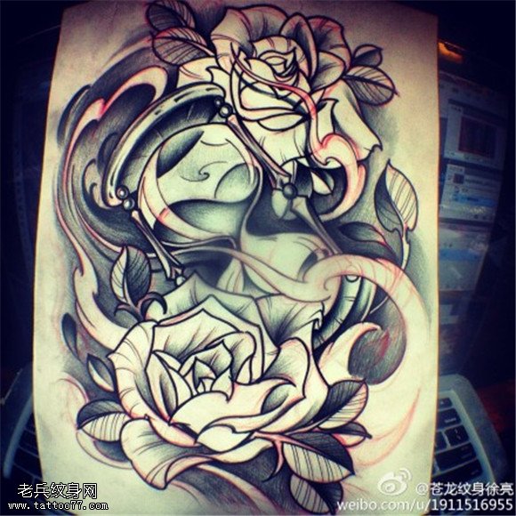 沙漏玫瑰纹身手稿图片