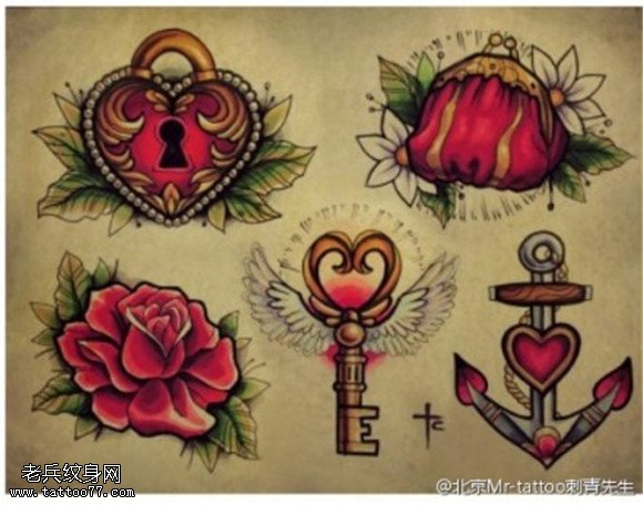 彩色玫瑰花钥匙船锚纹身手稿图案