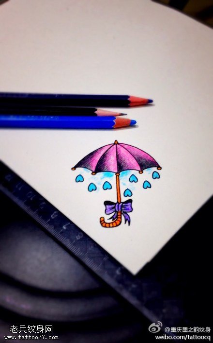 彩色小雨伞蝴蝶结纹身手稿图案