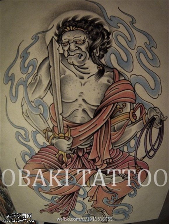 彩色个性传统不动明王纹身手稿图案
