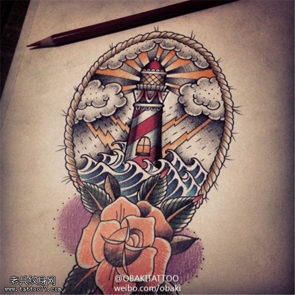 彩色灯塔玫瑰花纹身手稿图片