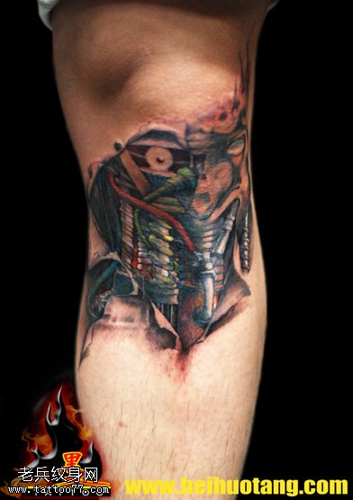腿部蒸汽机机械纹身图案