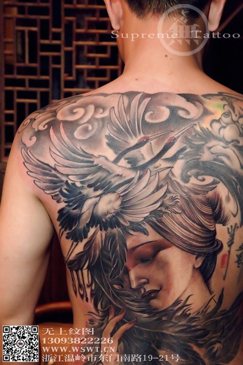 满背美女仙鹤钟馗纹身