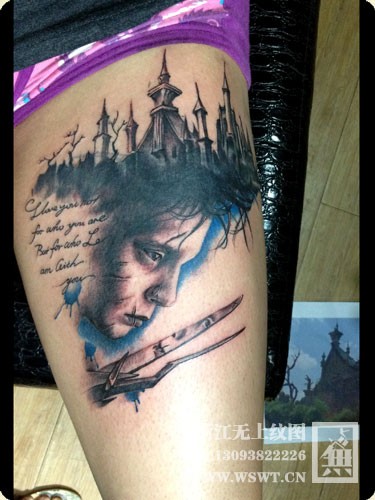 大腿 剪刀手爱德华纹身