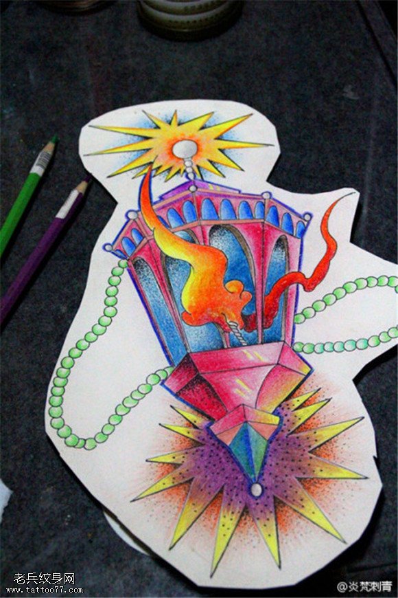 彩色灯塔纹身手稿图片