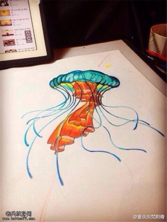 彩色水母纹身手稿 图片