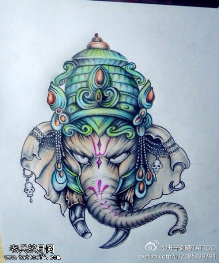 彩色宗教象神纹身图片