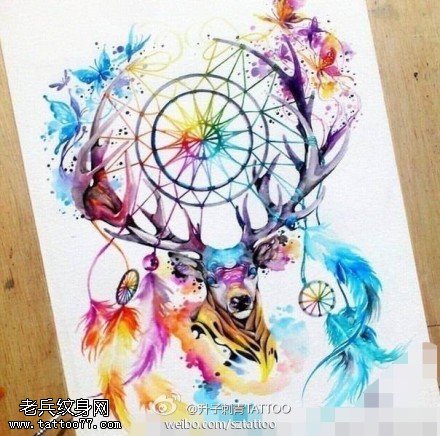 彩色泼墨捕梦网纹身手稿图案