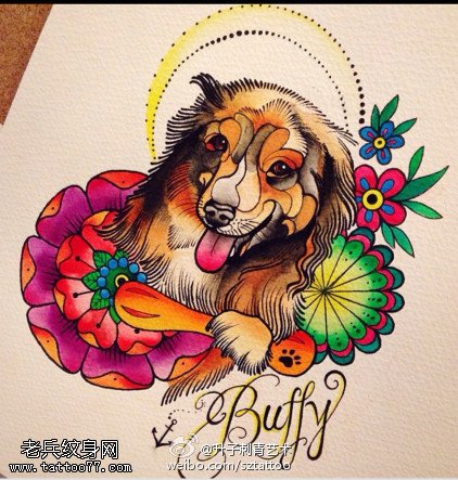 彩色汪星人花纹身手稿图片