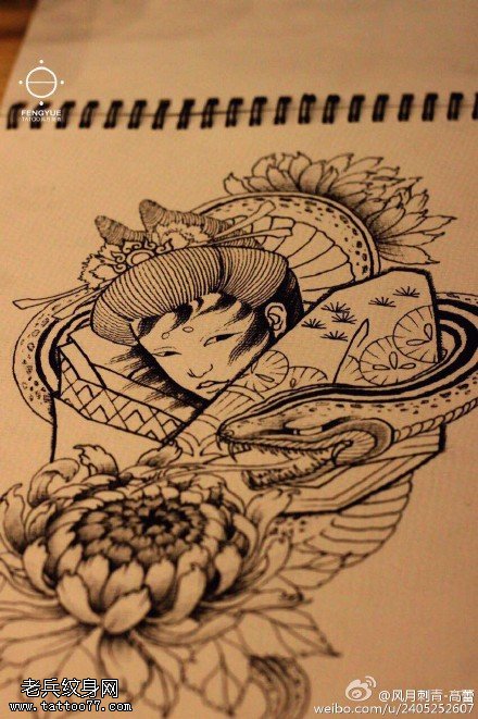 艺妓菊花纹身手稿图片