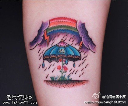 腿部彩色小雨伞纹身图片