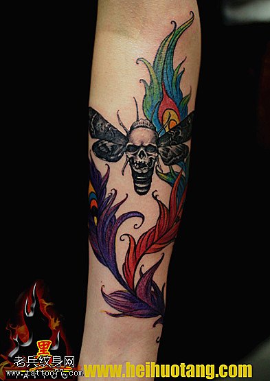 胳膊彩色羽翼昆虫骷髅纹身图案