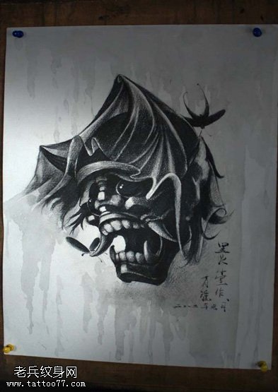 点刺单色诡异般若纹身图案