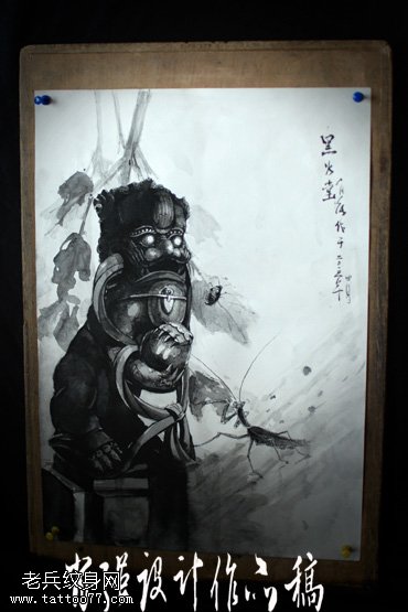 手抱团球狻猊螳螂写意纹身图案