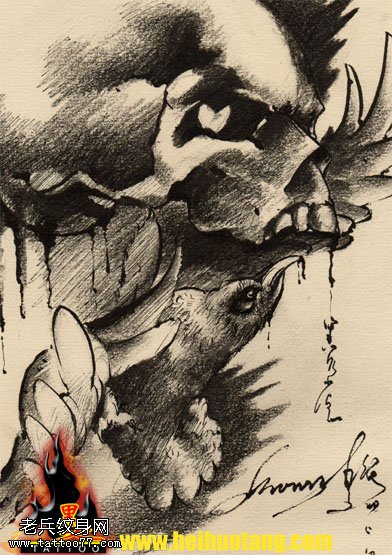 骷髅滴血乌鸦啃噬纹身图案