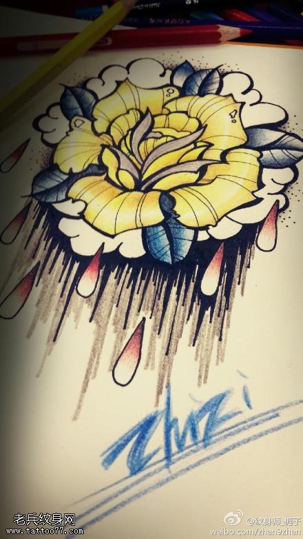 彩色牡丹花纹身手稿图案