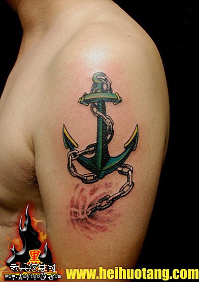 铁链绿色大锚纹身图案
