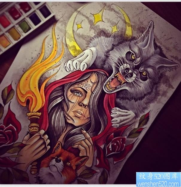 欧美彩色狼头纹身图案