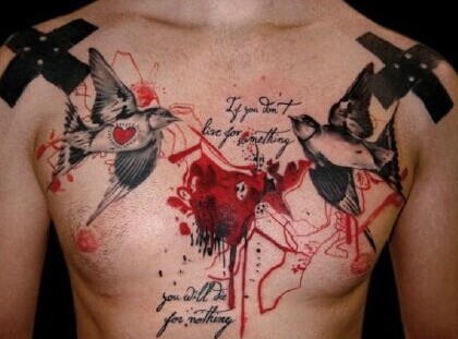 男士胸部帅气时尚的水墨骷髅纹身