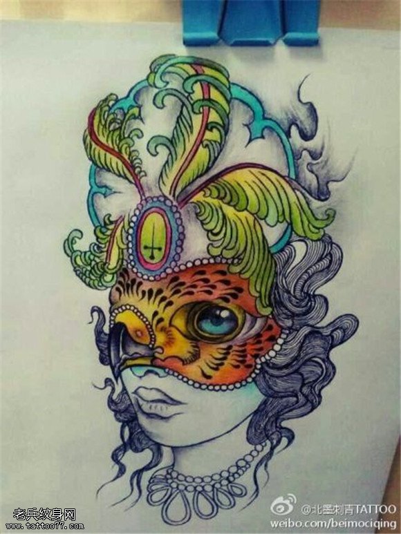 彩色面具女郎纹身图案