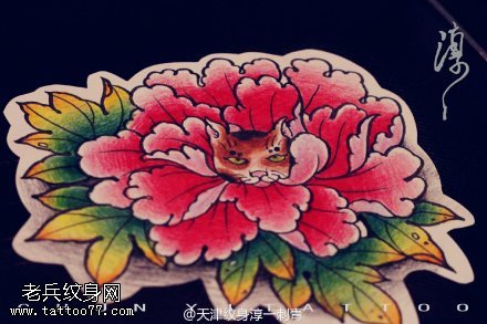 彩色牡丹猫咪纹身手稿图片