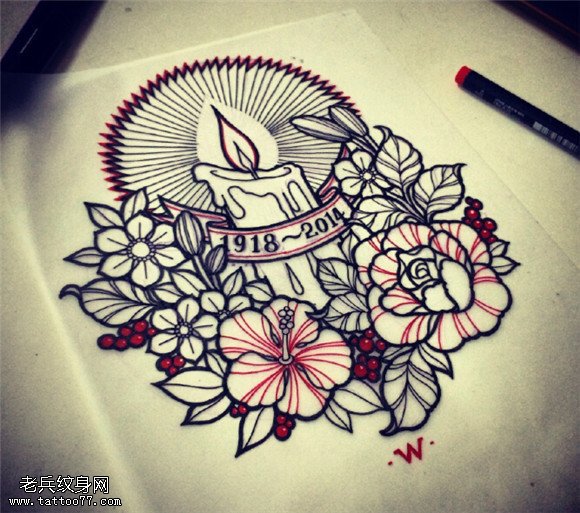 蜡烛玫瑰纹身手稿图案