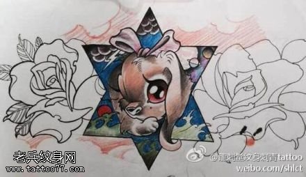 彩色五角星鹿玫瑰花纹身图案