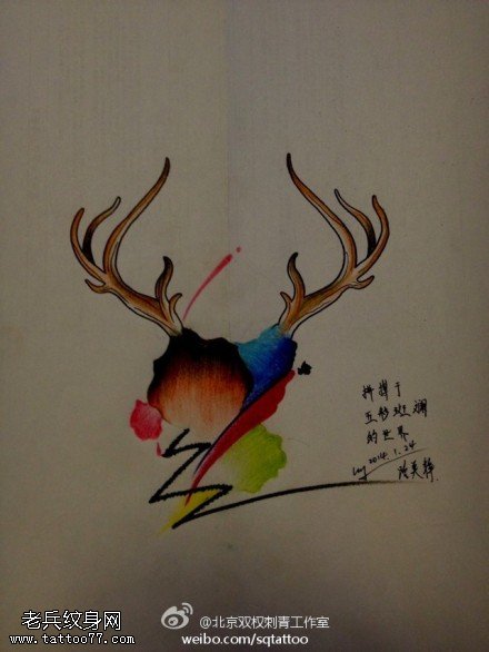 彩色鹿角纹身手稿图案