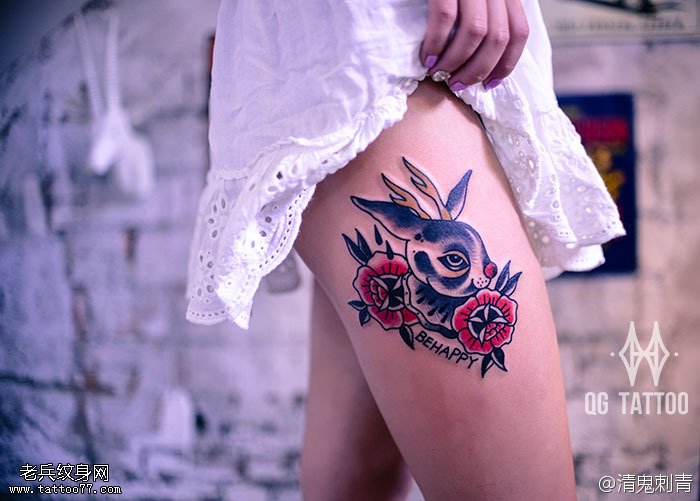 大花鹿角兔子纹身图案