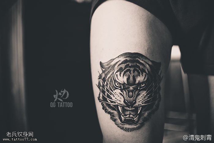 腿部狰狞虎头纹身图案