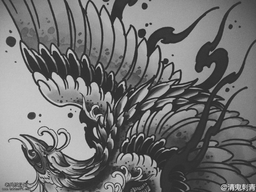 中国风水彩墨色凤凰纹身图案