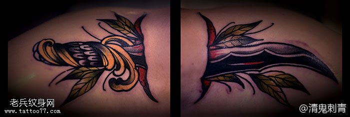 推荐美丽腿部紫色大花匕首纹身图案