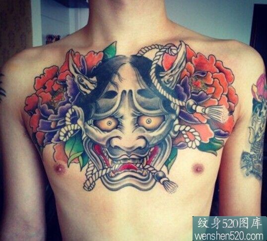 胸口彩色般若牡丹纹身图案