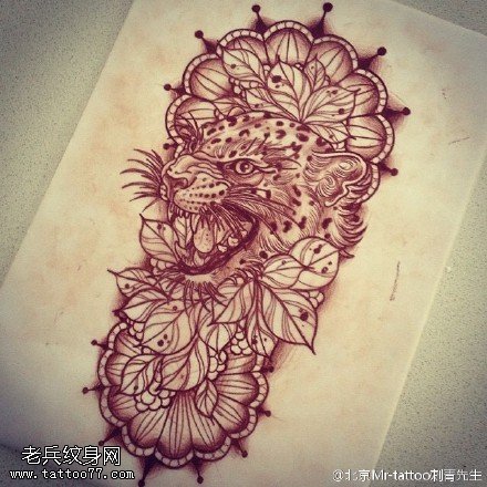 手稿经典老虎梵花纹身图案